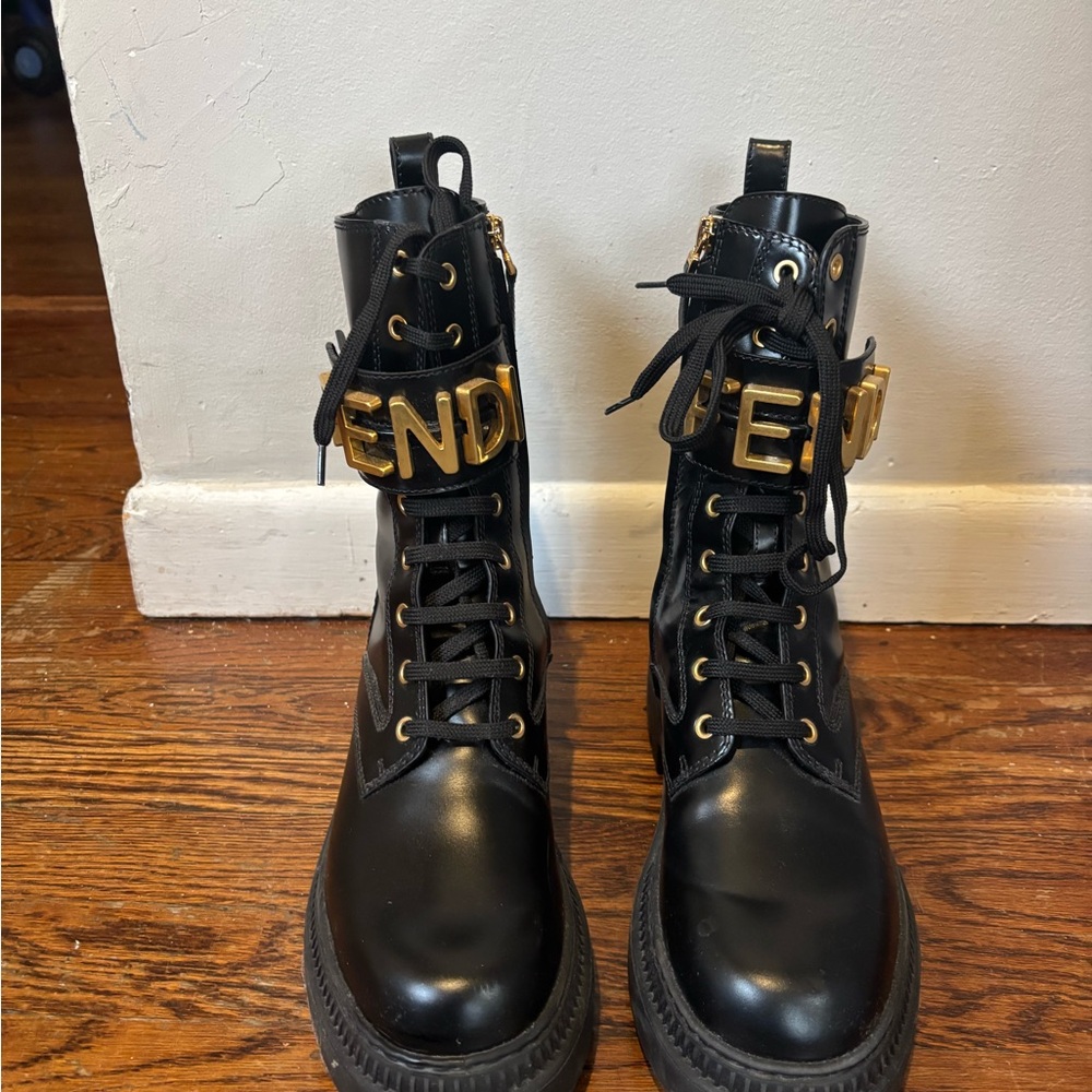 Fendi Black Leather Lace-Up Combat Boots with Gold Logo